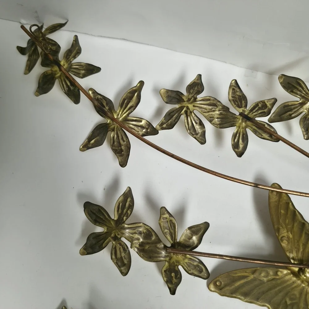 Vtg Homco Brass Metal Wall Art Set MCM Gold Flowers Butterflies 22